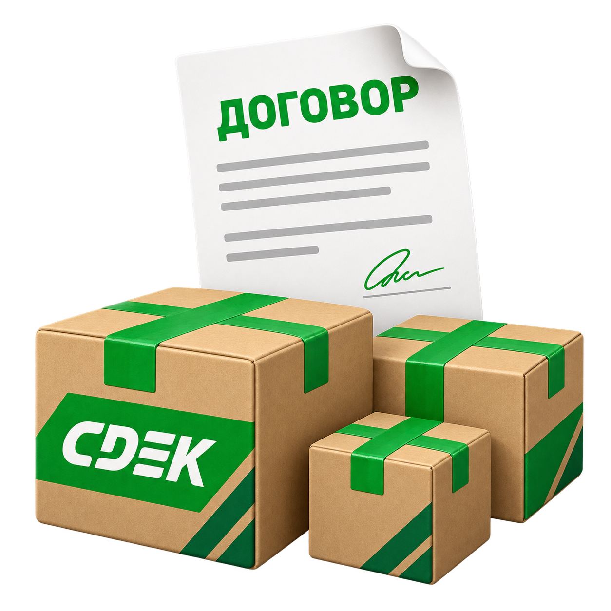 Лист договора и посылки в фирменных цветах СДЭК